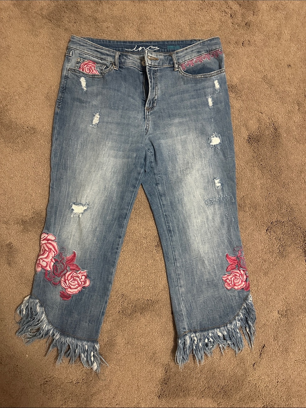 INC International Concepts Denim Cropped Jeans with Pink Rose Embroidery
